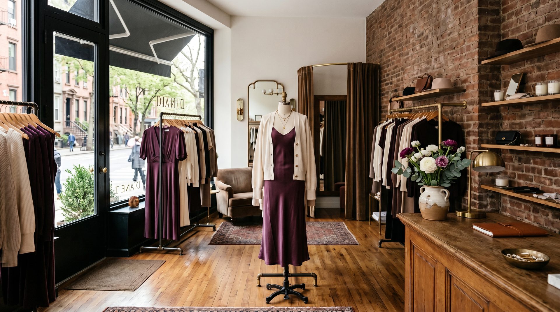 Inside the Diane T boutique on Court Street, Brooklyn — curated racks of women's clothing in plum and ivory tones