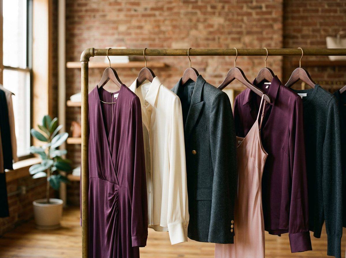 Curated rack of women's dresses and blouses on brass rail at Diane T